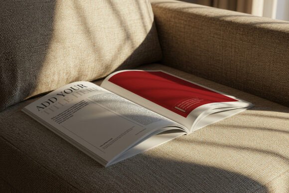 Download Open Magazine on Sofa Soft Light Mockup - Light Collection